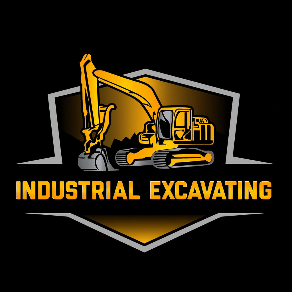 Industrial Excavating logo featuring a yellow excavator